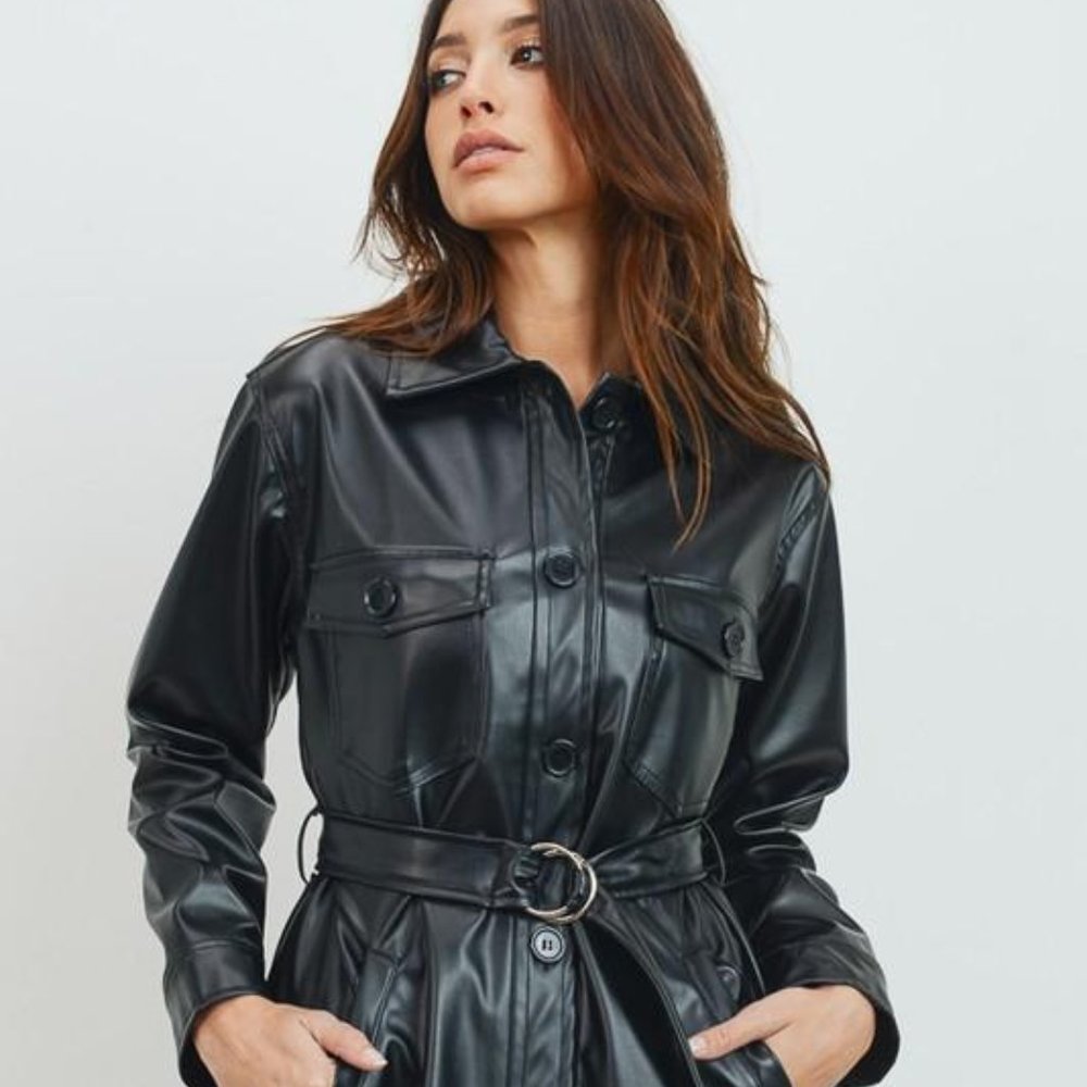 Sale! Black Faux Leather Belted Jacket Top - Picture 4 of 7